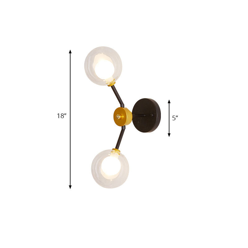2 Lights Bedroom Sconce Light with Global Clear Glass Shade Modern Black Led Wall Mount Light Clearhalo 'Cast Iron' 'Glass' 'Industrial' 'Modern wall lights' 'Modern' 'Tiffany' 'Traditional wall lights' 'Wall Lamps & Sconces' 'Wall Lights' Lighting' 144493