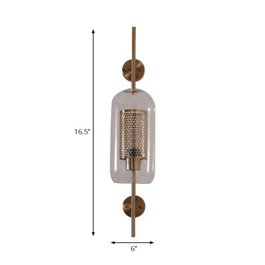 Silver/Gold Cylindrical Wall Sconce Industrial 1 Light Smoke Glass Wall Mount Light Fixture, 5"/6" Wide Clearhalo 'Cast Iron' 'Glass' 'Industrial' 'Modern wall lights' 'Modern' 'Tiffany' 'Traditional wall lights' 'Wall Lamps & Sconces' 'Wall Lights' Lighting' 144506