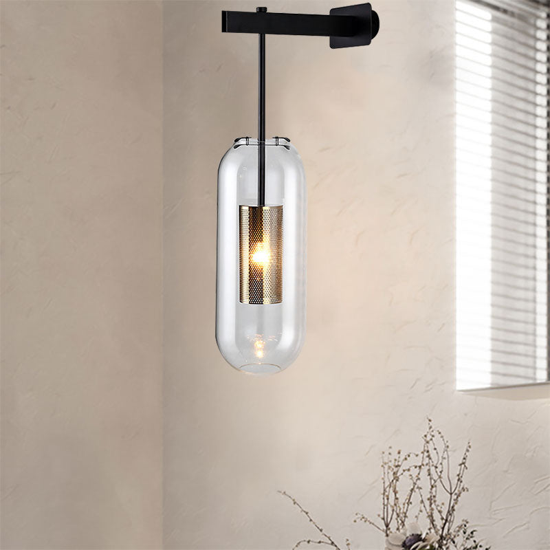 Cylinder Clear Glass Sconce Lighting Modern 1 Light Black/Gold Wall Mounted Light Fixture Clearhalo 'Cast Iron' 'Glass' 'Industrial' 'Modern wall lights' 'Modern' 'Tiffany' 'Traditional wall lights' 'Wall Lamps & Sconces' 'Wall Lights' Lighting' 144555