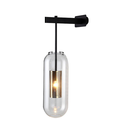 Cylinder Clear Glass Sconce Lighting Modern 1 Light Black/Gold Wall Mounted Light Fixture Clearhalo 'Cast Iron' 'Glass' 'Industrial' 'Modern wall lights' 'Modern' 'Tiffany' 'Traditional wall lights' 'Wall Lamps & Sconces' 'Wall Lights' Lighting' 144556