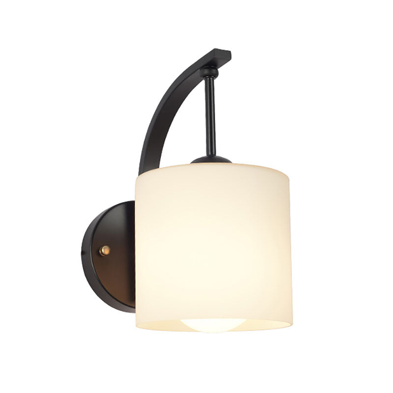 White Glass Cylindrical Wall Lighting Vintage 1 Light Wall Sconce Light in Black with Curved Arm Clearhalo 'Cast Iron' 'Glass' 'Industrial' 'Modern wall lights' 'Modern' 'Tiffany' 'Traditional wall lights' 'Wall Lamps & Sconces' 'Wall Lights' Lighting' 144602