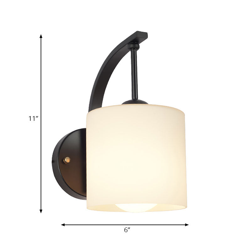 White Glass Cylindrical Wall Lighting Vintage 1 Light Wall Sconce Light in Black with Curved Arm Clearhalo 'Cast Iron' 'Glass' 'Industrial' 'Modern wall lights' 'Modern' 'Tiffany' 'Traditional wall lights' 'Wall Lamps & Sconces' 'Wall Lights' Lighting' 144603