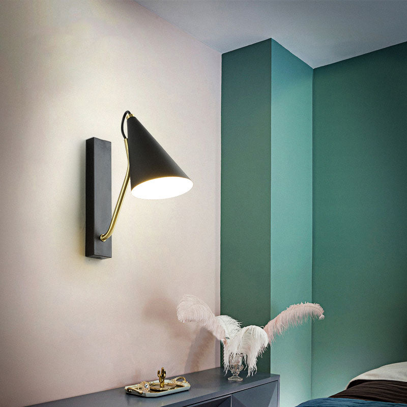 Bedroom Cone Shade Sconce Lighting Iron 1 Light Modern Simple Black/White Wall Lamp Clearhalo 'Cast Iron' 'Glass' 'Industrial' 'Modern wall lights' 'Modern' 'Tiffany' 'Traditional wall lights' 'Wall Lamps & Sconces' 'Wall Lights' Lighting' 144658