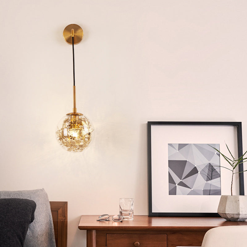 Clear Glass Orb Shade Wall Light with Flower Deco Cloth Shop 1 Light Modern Hanging Wall Lamp in Silver/Gold Gold Clearhalo 'Cast Iron' 'Glass' 'Industrial' 'Modern wall lights' 'Modern' 'Tiffany' 'Traditional wall lights' 'Wall Lamps & Sconces' 'Wall Lights' Lighting' 144953