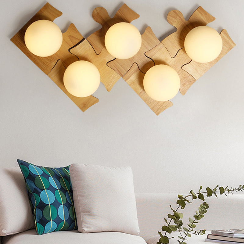 Japanese Style Orb Wall Light with Wooden Puzzle Base Glass 1 Light Beige Sconce Lamp for Corridor Kitchen Clearhalo 'Modern wall lights' 'Modern' 'Wall Lamps & Sconces' 'Wall Lights' Lighting' 145057