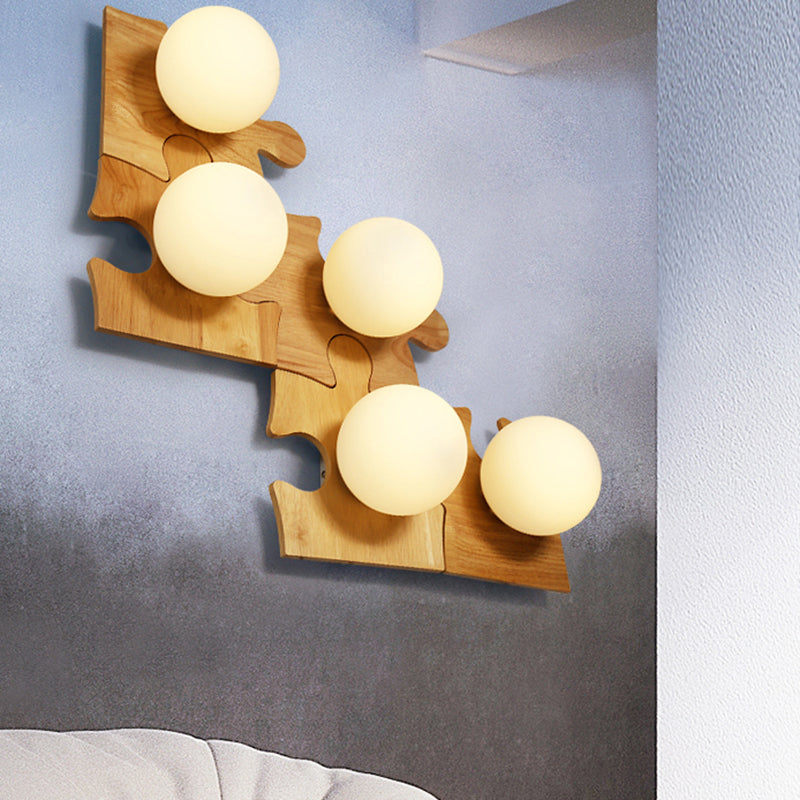 Japanese Style Orb Wall Light with Wooden Puzzle Base Glass 1 Light Beige Sconce Lamp for Corridor Kitchen Clearhalo 'Modern wall lights' 'Modern' 'Wall Lamps & Sconces' 'Wall Lights' Lighting' 145058