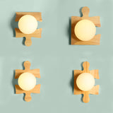 Japanese Style Orb Wall Light with Wooden Puzzle Base Glass 1 Light Beige Sconce Lamp for Corridor Kitchen Clearhalo 'Modern wall lights' 'Modern' 'Wall Lamps & Sconces' 'Wall Lights' Lighting' 145059