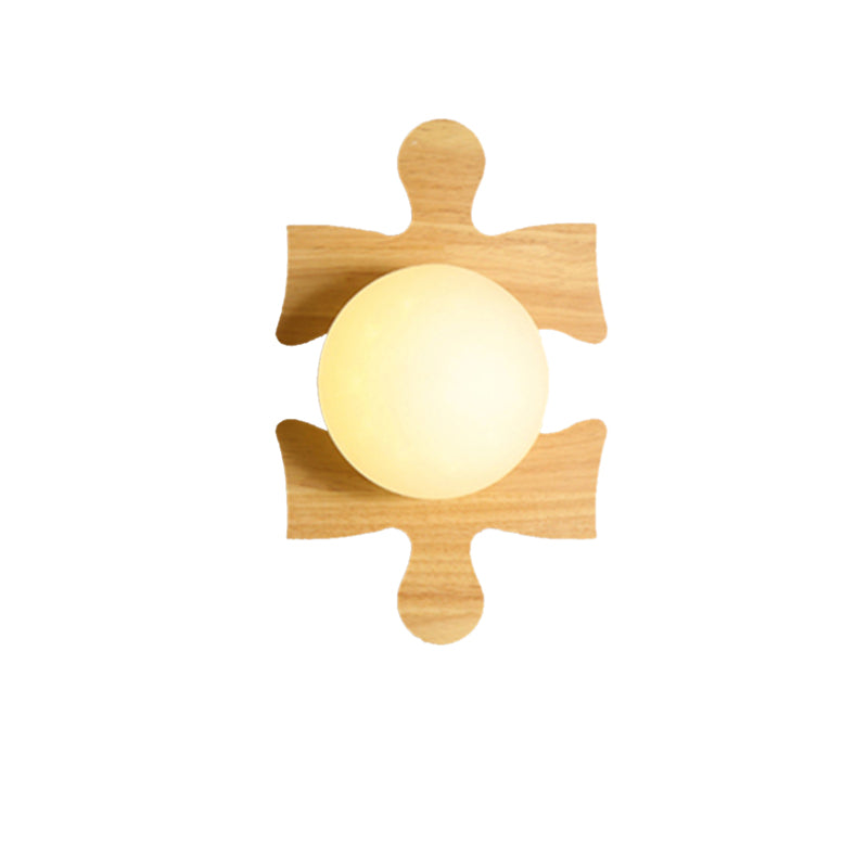 Japanese Style Orb Wall Light with Wooden Puzzle Base Glass 1 Light Beige Sconce Lamp for Corridor Kitchen Wood D Clearhalo 'Modern wall lights' 'Modern' 'Wall Lamps & Sconces' 'Wall Lights' Lighting' 145060