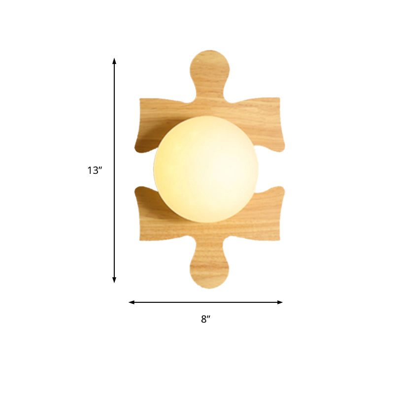 Japanese Style Orb Wall Light with Wooden Puzzle Base Glass 1 Light Beige Sconce Lamp for Corridor Kitchen Clearhalo 'Modern wall lights' 'Modern' 'Wall Lamps & Sconces' 'Wall Lights' Lighting' 145061