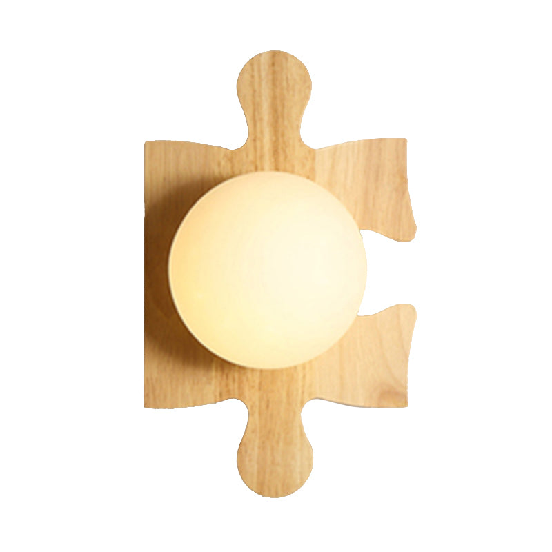 Japanese Style Orb Wall Light with Wooden Puzzle Base Glass 1 Light Beige Sconce Lamp for Corridor Kitchen Wood C Clearhalo 'Modern wall lights' 'Modern' 'Wall Lamps & Sconces' 'Wall Lights' Lighting' 145062