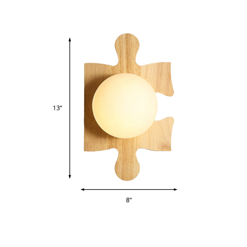 Japanese Style Orb Wall Light with Wooden Puzzle Base Glass 1 Light Beige Sconce Lamp for Corridor Kitchen Clearhalo 'Modern wall lights' 'Modern' 'Wall Lamps & Sconces' 'Wall Lights' Lighting' 145063