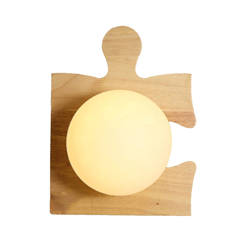 Japanese Style Orb Wall Light with Wooden Puzzle Base Glass 1 Light Beige Sconce Lamp for Corridor Kitchen Wood B Clearhalo 'Modern wall lights' 'Modern' 'Wall Lamps & Sconces' 'Wall Lights' Lighting' 145064