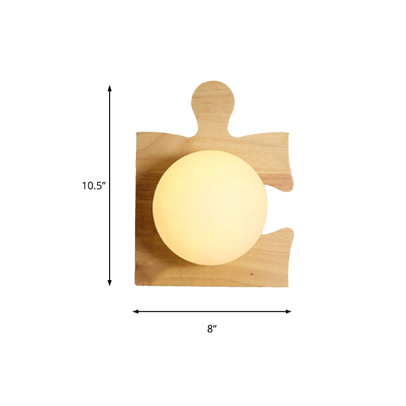 Japanese Style Orb Wall Light with Wooden Puzzle Base Glass 1 Light Beige Sconce Lamp for Corridor Kitchen Clearhalo 'Modern wall lights' 'Modern' 'Wall Lamps & Sconces' 'Wall Lights' Lighting' 145065