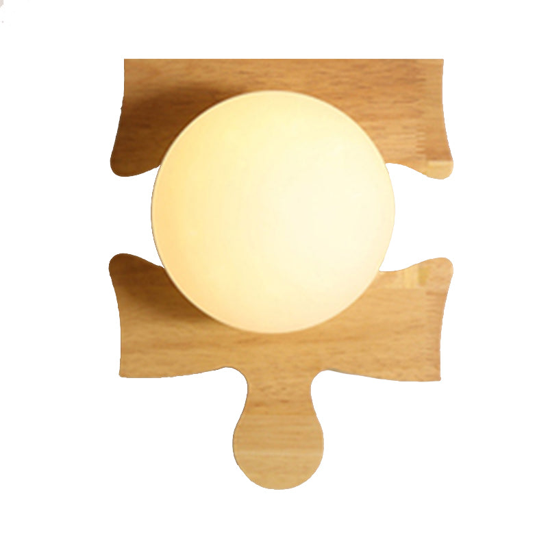 Japanese Style Orb Wall Light with Wooden Puzzle Base Glass 1 Light Beige Sconce Lamp for Corridor Kitchen Wood A Clearhalo 'Modern wall lights' 'Modern' 'Wall Lamps & Sconces' 'Wall Lights' Lighting' 145066