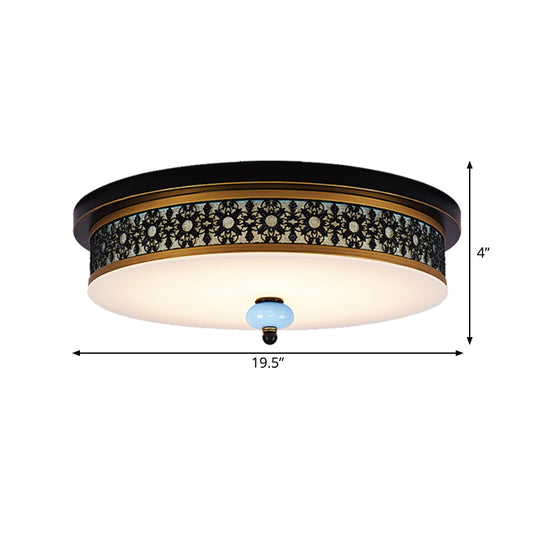 16"/19.5" W Black-Gold LED Flush Mount Countryside Opal Glass Drum Ceiling Light Fixture for Dining Hall Clearhalo 'Ceiling Lights' 'Close To Ceiling Lights' 'Close to ceiling' 'Flush mount' Lighting' 1450753