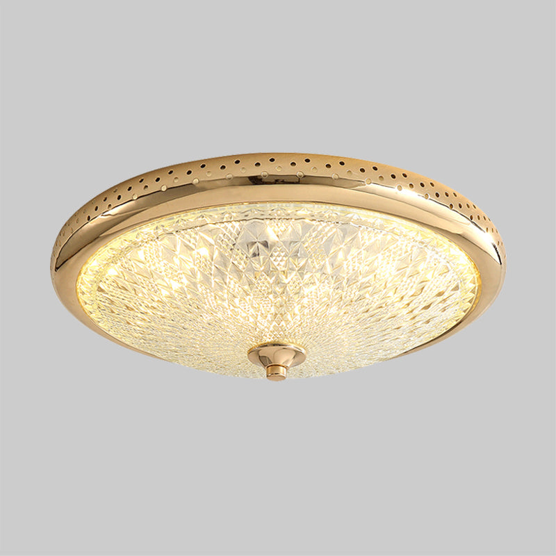 Gold/Chrome Round Flush Lamp Vintage Amber Prismatic Glass LED Bedroom Ceiling Light Fixture, 14"/18" Width Clearhalo 'Ceiling Lights' 'Close To Ceiling Lights' 'Close to ceiling' 'Flush mount' Lighting' 1450775