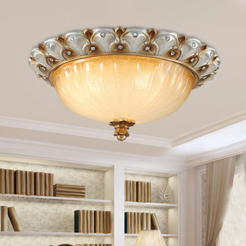 Domed Living Room Ceiling Lighting Farmhouse Ribbed Glass 16"/19.5" Wide 3 Bulbs Beige Flush Mount Light Fixture Beige Clearhalo 'Ceiling Lights' 'Close To Ceiling Lights' 'Close to ceiling' 'Flush mount' Lighting' 1450814