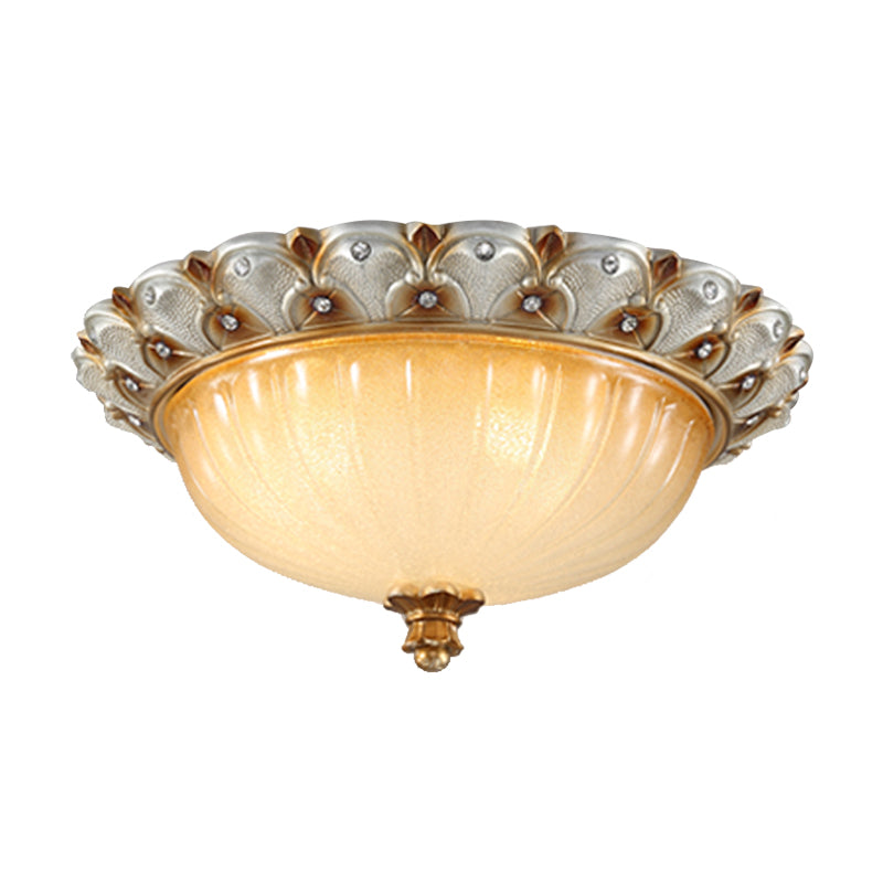 Domed Living Room Ceiling Lighting Farmhouse Ribbed Glass 16"/19.5" Wide 3 Bulbs Beige Flush Mount Light Fixture Clearhalo 'Ceiling Lights' 'Close To Ceiling Lights' 'Close to ceiling' 'Flush mount' Lighting' 1450815