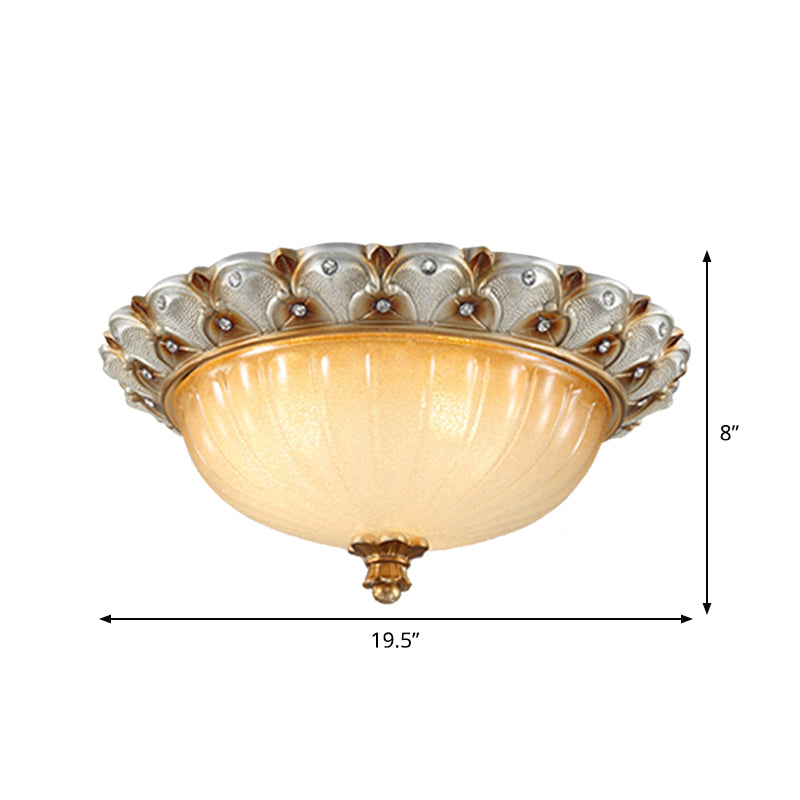 Domed Living Room Ceiling Lighting Farmhouse Ribbed Glass 16"/19.5" Wide 3 Bulbs Beige Flush Mount Light Fixture Clearhalo 'Ceiling Lights' 'Close To Ceiling Lights' 'Close to ceiling' 'Flush mount' Lighting' 1450818