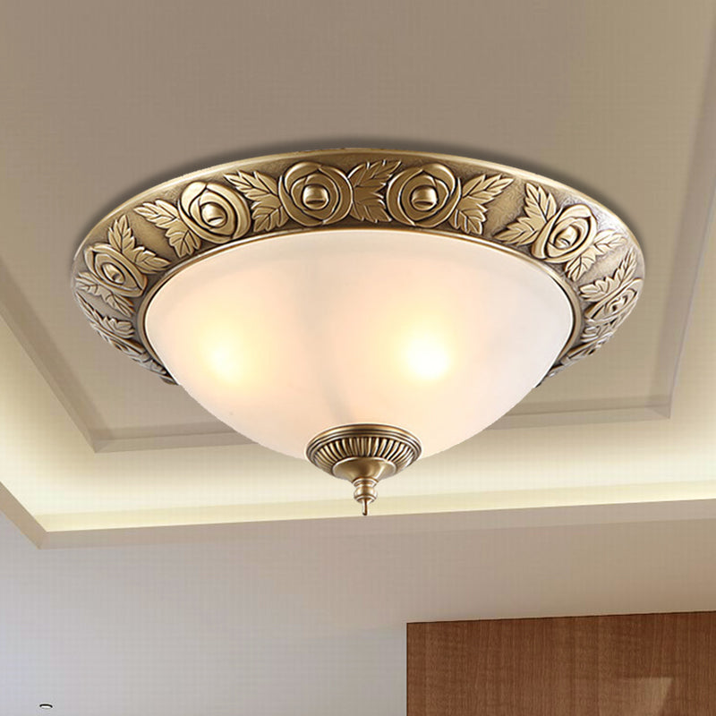 Brass Dome-Like Flush Mount Antiqued Milky Glass 2/3-Head 12"/16"/19" W Bedroom Ceiling Light Fixture Brass Clearhalo 'Ceiling Lights' 'Close To Ceiling Lights' 'Close to ceiling' 'Flush mount' Lighting' 1450819