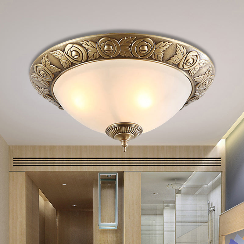 Brass Dome-Like Flush Mount Antiqued Milky Glass 2/3-Head 12"/16"/19" W Bedroom Ceiling Light Fixture Clearhalo 'Ceiling Lights' 'Close To Ceiling Lights' 'Close to ceiling' 'Flush mount' Lighting' 1450820