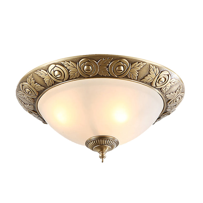 Brass Dome-Like Flush Mount Antiqued Milky Glass 2/3-Head 12"/16"/19" W Bedroom Ceiling Light Fixture Clearhalo 'Ceiling Lights' 'Close To Ceiling Lights' 'Close to ceiling' 'Flush mount' Lighting' 1450821