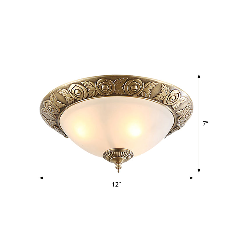 Brass Dome-Like Flush Mount Antiqued Milky Glass 2/3-Head 12"/16"/19" W Bedroom Ceiling Light Fixture Clearhalo 'Ceiling Lights' 'Close To Ceiling Lights' 'Close to ceiling' 'Flush mount' Lighting' 1450822