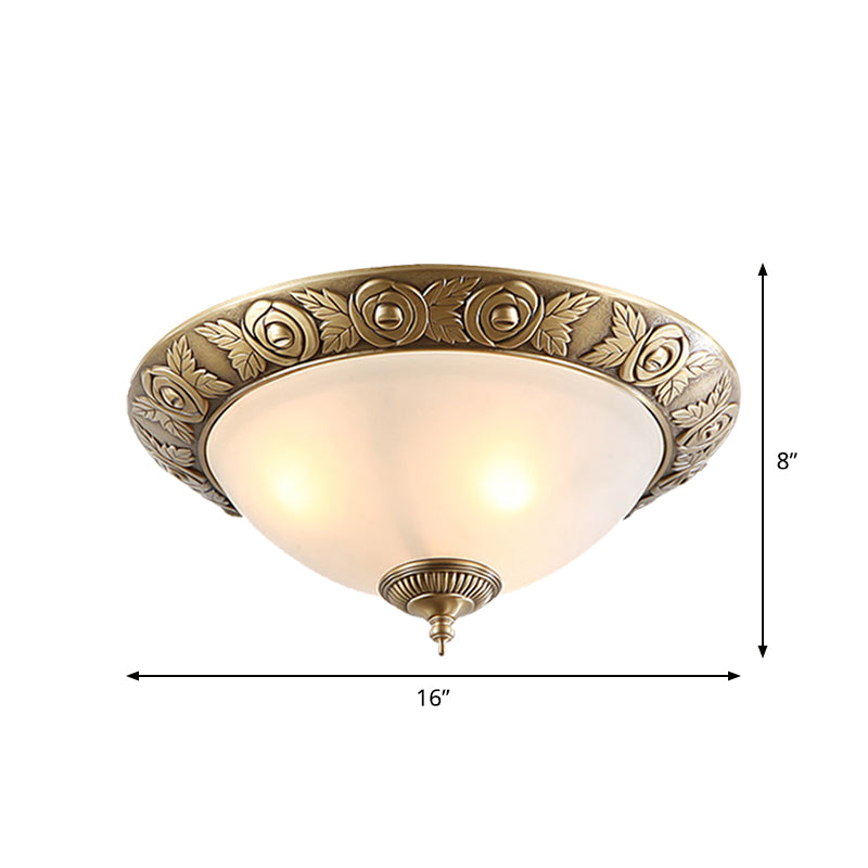 Brass Dome-Like Flush Mount Antiqued Milky Glass 2/3-Head 12"/16"/19" W Bedroom Ceiling Light Fixture Clearhalo 'Ceiling Lights' 'Close To Ceiling Lights' 'Close to ceiling' 'Flush mount' Lighting' 1450823