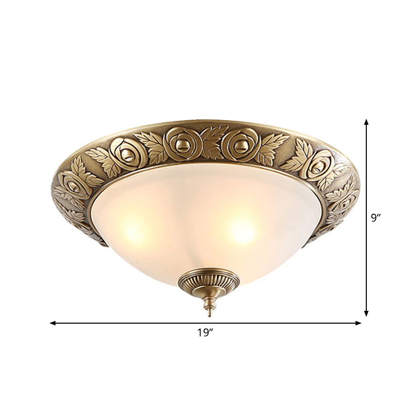 Brass Dome-Like Flush Mount Antiqued Milky Glass 2/3-Head 12"/16"/19" W Bedroom Ceiling Light Fixture Clearhalo 'Ceiling Lights' 'Close To Ceiling Lights' 'Close to ceiling' 'Flush mount' Lighting' 1450824