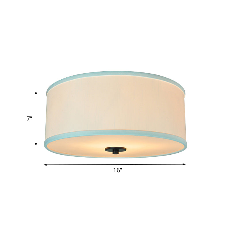 Drum Shade Flush Light Modern Fabric 5 Bulbs 16"/19.5" Wide Bedroom Ceiling Mount Fixture in Grey/White with Green Rim Clearhalo 'Ceiling Lights' 'Close To Ceiling Lights' 'Close to ceiling' 'Flush mount' Lighting' 1450829