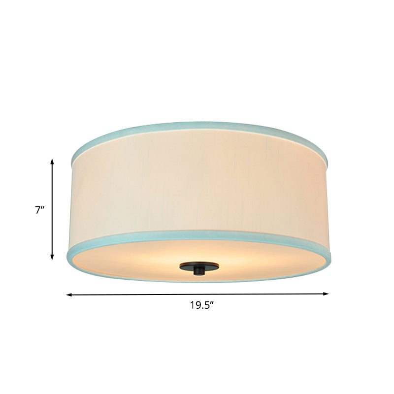 Drum Shade Flush Light Modern Fabric 5 Bulbs 16"/19.5" Wide Bedroom Ceiling Mount Fixture in Grey/White with Green Rim Clearhalo 'Ceiling Lights' 'Close To Ceiling Lights' 'Close to ceiling' 'Flush mount' Lighting' 1450830