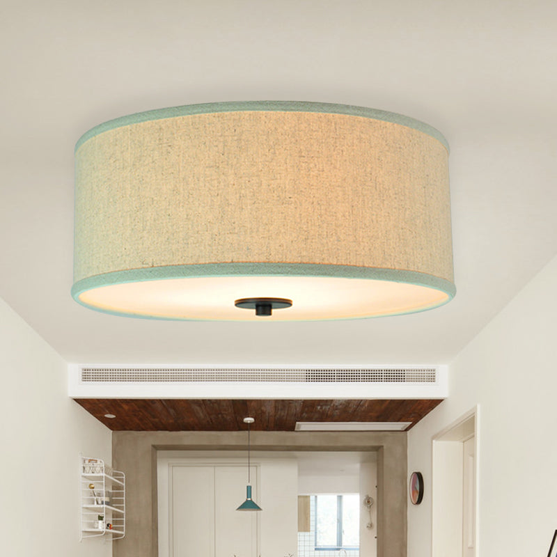 Drum Shade Flush Light Modern Fabric 5 Bulbs 16"/19.5" Wide Bedroom Ceiling Mount Fixture in Grey/White with Green Rim Grey Clearhalo 'Ceiling Lights' 'Close To Ceiling Lights' 'Close to ceiling' 'Flush mount' Lighting' 1450831