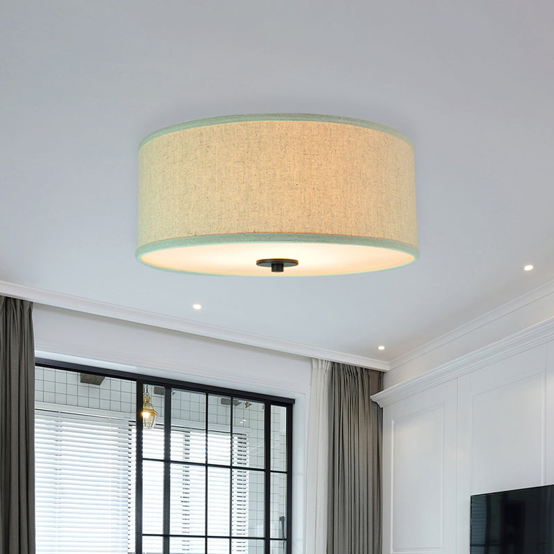 Drum Shade Flush Light Modern Fabric 5 Bulbs 16"/19.5" Wide Bedroom Ceiling Mount Fixture in Grey/White with Green Rim Clearhalo 'Ceiling Lights' 'Close To Ceiling Lights' 'Close to ceiling' 'Flush mount' Lighting' 1450832