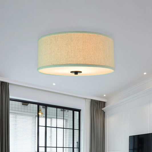 Drum Shade Flush Light Modern Fabric 5 Bulbs 16"/19.5" Wide Bedroom Ceiling Mount Fixture in Grey/White with Green Rim Clearhalo 'Ceiling Lights' 'Close To Ceiling Lights' 'Close to ceiling' 'Flush mount' Lighting' 1450832