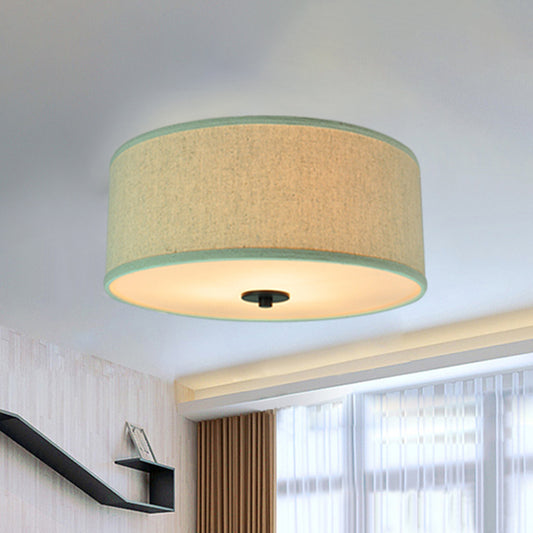 Drum Shade Flush Light Modern Fabric 5 Bulbs 16"/19.5" Wide Bedroom Ceiling Mount Fixture in Grey/White with Green Rim Clearhalo 'Ceiling Lights' 'Close To Ceiling Lights' 'Close to ceiling' 'Flush mount' Lighting' 1450833