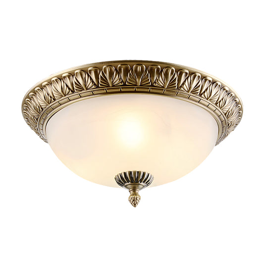 White Glass Brass Ceiling Fixture Dome 2/3-Light Retro Style Flush Mount Lighting, 12"/16"/19.5" Width Clearhalo 'Ceiling Lights' 'Close To Ceiling Lights' 'Close to ceiling' 'Flush mount' Lighting' 1450846