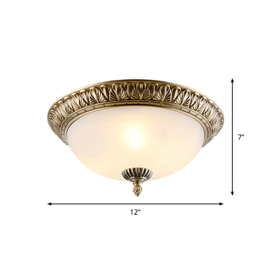 White Glass Brass Ceiling Fixture Dome 2/3-Light Retro Style Flush Mount Lighting, 12"/16"/19.5" Width Clearhalo 'Ceiling Lights' 'Close To Ceiling Lights' 'Close to ceiling' 'Flush mount' Lighting' 1450850