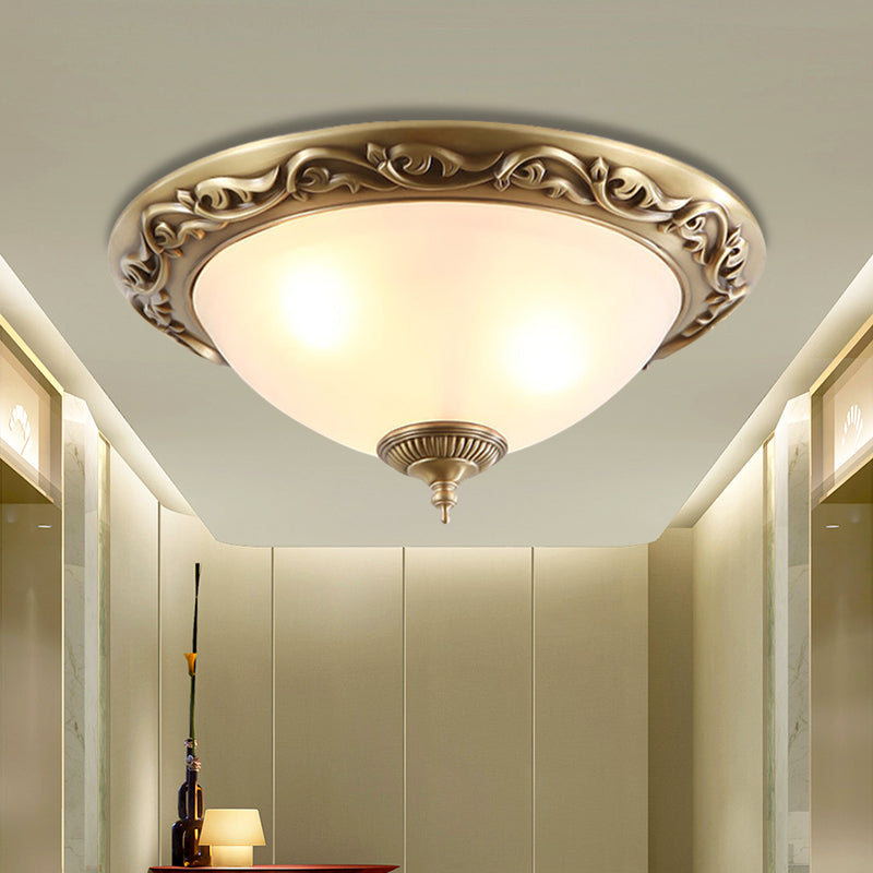 Opaline Glass Brass Flush Light Semicircle 12"/16"/19.5" Wide 2/3 Heads Traditional Ceiling Lighting for Bedroom Brass Clearhalo 'Ceiling Lights' 'Close To Ceiling Lights' 'Close to ceiling' 'Flush mount' Lighting' 1450861