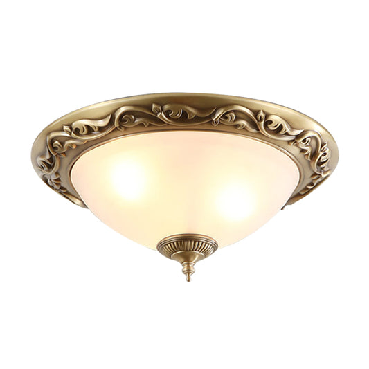 Opaline Glass Brass Flush Light Semicircle 12"/16"/19.5" Wide 2/3 Heads Traditional Ceiling Lighting for Bedroom Clearhalo 'Ceiling Lights' 'Close To Ceiling Lights' 'Close to ceiling' 'Flush mount' Lighting' 1450862