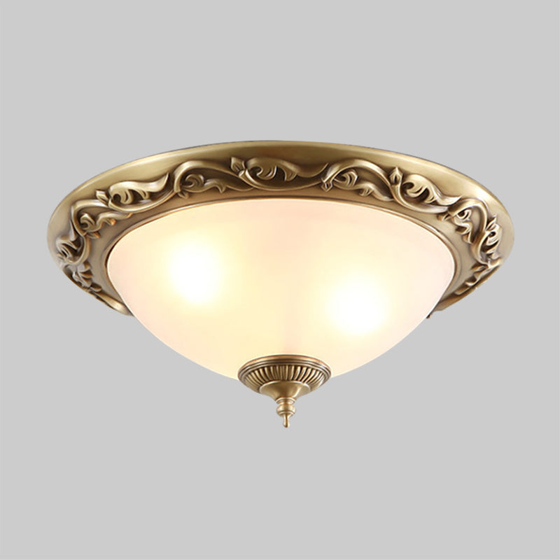 Opaline Glass Brass Flush Light Semicircle 12"/16"/19.5" Wide 2/3 Heads Traditional Ceiling Lighting for Bedroom Clearhalo 'Ceiling Lights' 'Close To Ceiling Lights' 'Close to ceiling' 'Flush mount' Lighting' 1450863