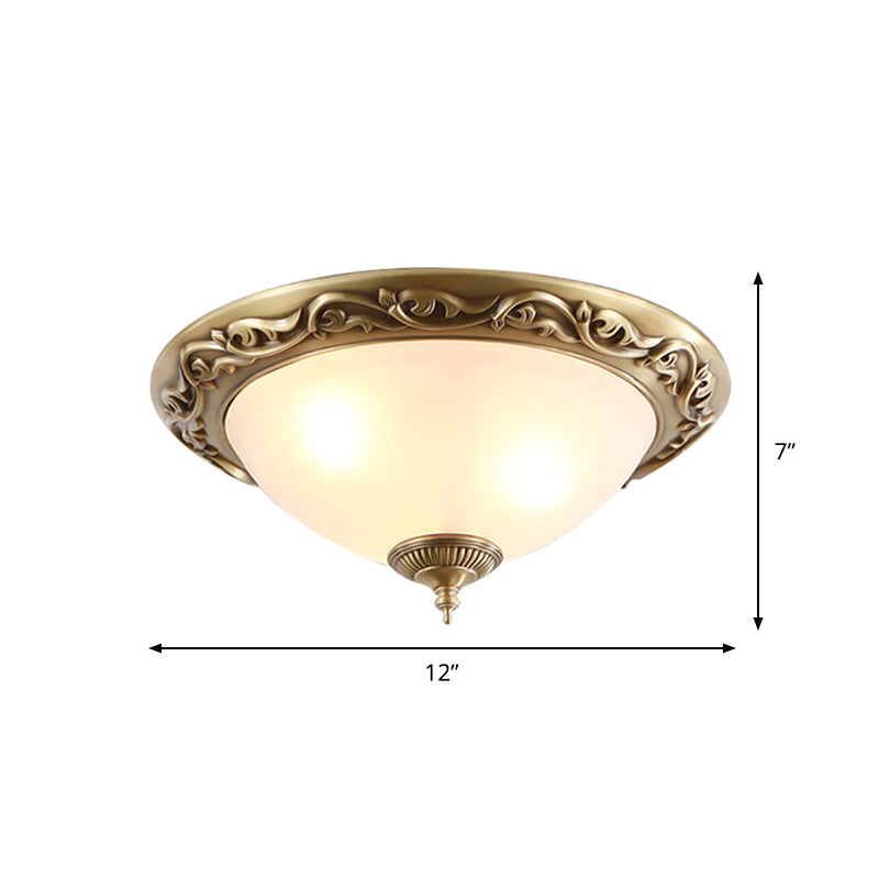 Opaline Glass Brass Flush Light Semicircle 12"/16"/19.5" Wide 2/3 Heads Traditional Ceiling Lighting for Bedroom Clearhalo 'Ceiling Lights' 'Close To Ceiling Lights' 'Close to ceiling' 'Flush mount' Lighting' 1450864