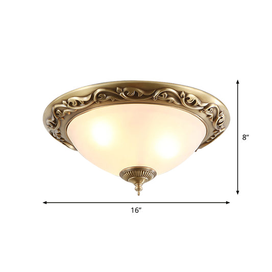 Opaline Glass Brass Flush Light Semicircle 12"/16"/19.5" Wide 2/3 Heads Traditional Ceiling Lighting for Bedroom Clearhalo 'Ceiling Lights' 'Close To Ceiling Lights' 'Close to ceiling' 'Flush mount' Lighting' 1450865