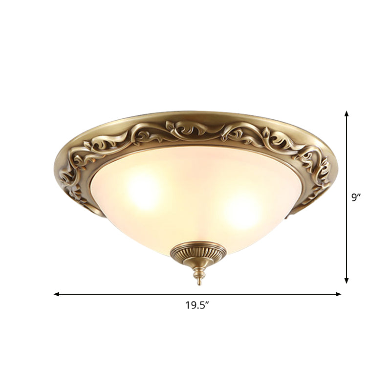 Opaline Glass Brass Flush Light Semicircle 12"/16"/19.5" Wide 2/3 Heads Traditional Ceiling Lighting for Bedroom Clearhalo 'Ceiling Lights' 'Close To Ceiling Lights' 'Close to ceiling' 'Flush mount' Lighting' 1450866