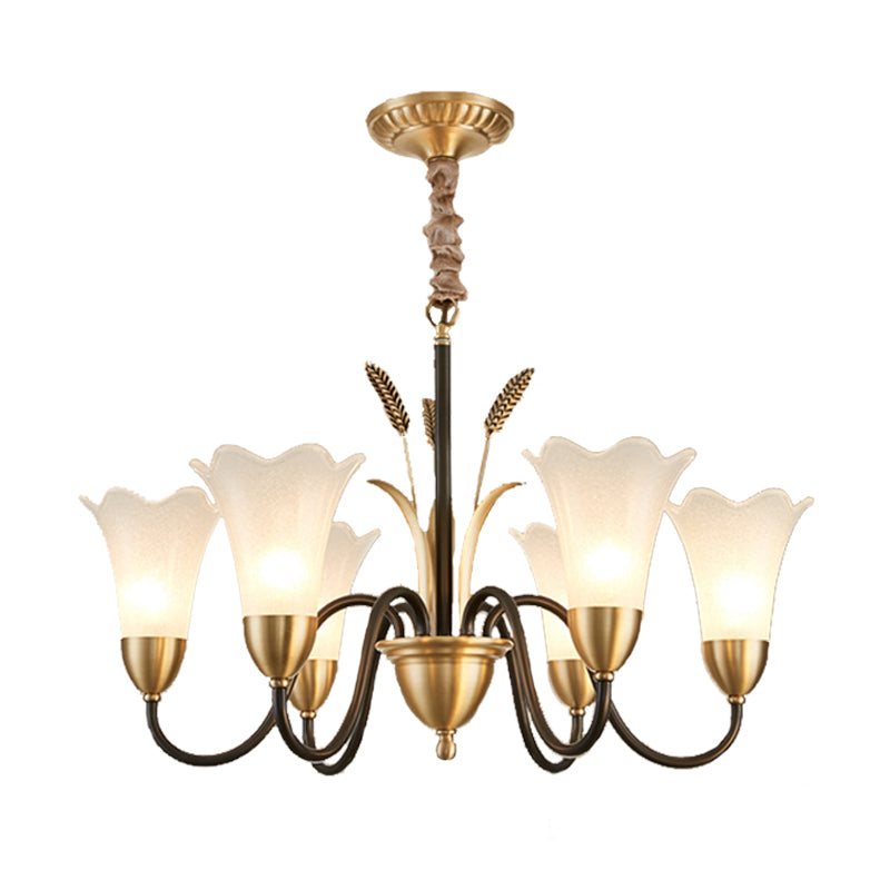 Country Style Mini Flower Pendulum Light 6/8 Bulbs Frosted Glass Hanging Chandelier with Scroll Arm in Black and Gold Clearhalo 'Ceiling Lights' 'Chandeliers' 'Glass shade' 'Glass' Lighting' 1450868