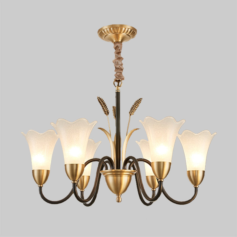 Country Style Mini Flower Pendulum Light 6/8 Bulbs Frosted Glass Hanging Chandelier with Scroll Arm in Black and Gold Clearhalo 'Ceiling Lights' 'Chandeliers' 'Glass shade' 'Glass' Lighting' 1450869