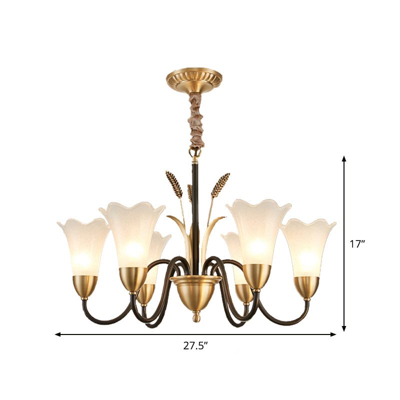 Country Style Mini Flower Pendulum Light 6/8 Bulbs Frosted Glass Hanging Chandelier with Scroll Arm in Black and Gold Clearhalo 'Ceiling Lights' 'Chandeliers' 'Glass shade' 'Glass' Lighting' 1450870
