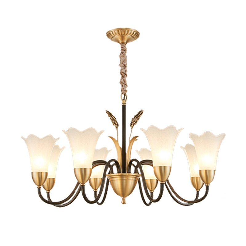 Country Style Mini Flower Pendulum Light 6/8 Bulbs Frosted Glass Hanging Chandelier with Scroll Arm in Black and Gold Clearhalo 'Ceiling Lights' 'Chandeliers' 'Glass shade' 'Glass' Lighting' 1450873