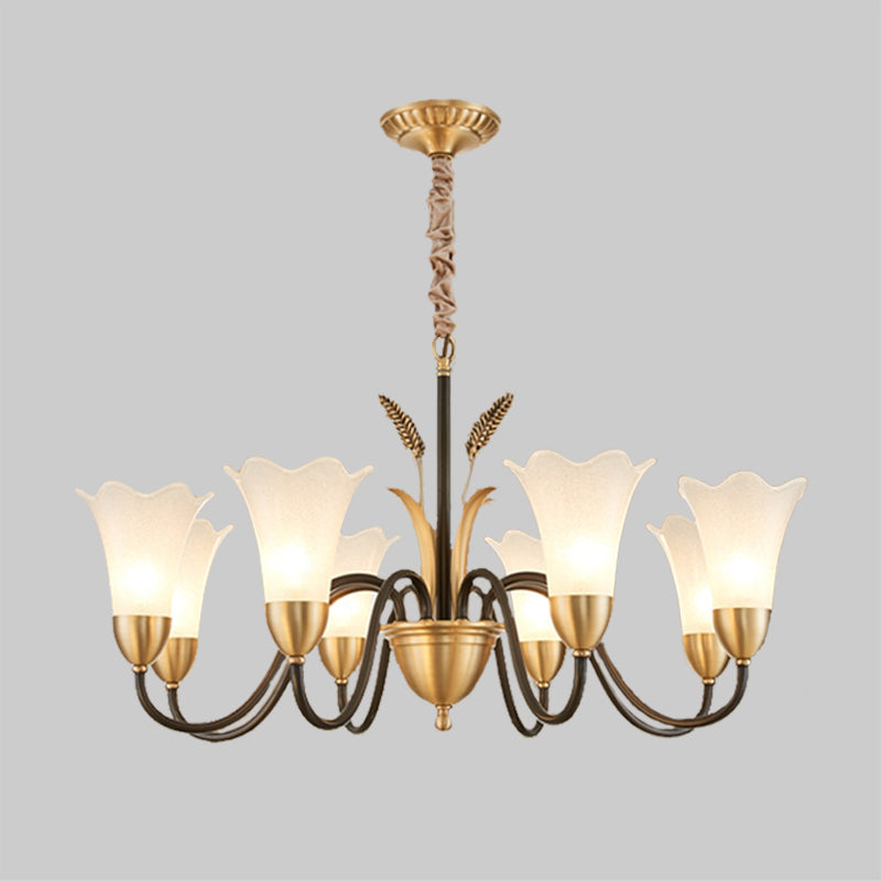 Country Style Mini Flower Pendulum Light 6/8 Bulbs Frosted Glass Hanging Chandelier with Scroll Arm in Black and Gold Clearhalo 'Ceiling Lights' 'Chandeliers' 'Glass shade' 'Glass' Lighting' 1450874