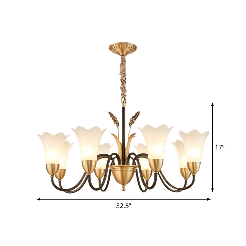 Country Style Mini Flower Pendulum Light 6/8 Bulbs Frosted Glass Hanging Chandelier with Scroll Arm in Black and Gold Clearhalo 'Ceiling Lights' 'Chandeliers' 'Glass shade' 'Glass' Lighting' 1450875