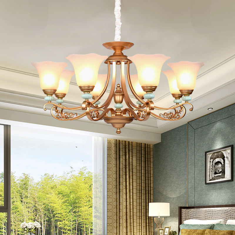 3/6/8-Head Bloom Ceiling Chandelier Rustic Style Gold Milky Glass Suspended Lighting Pendant with Curvy Arm 8 Gold Clearhalo 'Ceiling Lights' 'Chandeliers' 'Close To Ceiling Lights' 'Glass shade' 'Glass' Lighting' 1450881
